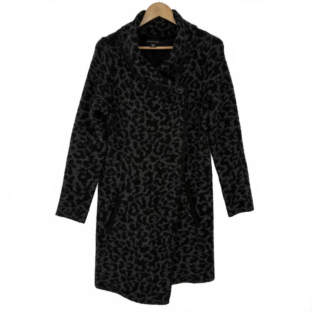 Adrienne Vittadini Black Gray Leopard Print Wool Blend Sweater Coatigan Medium